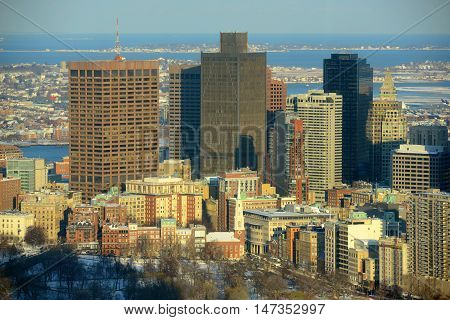 Boston Custom House and Financial district in winter, from top of Prudential Center, Boston, Massachusetts, USA