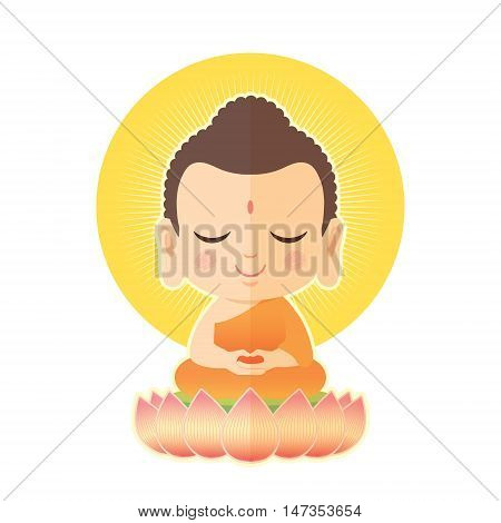 Buddha sitting on lotus. Cute Buddha cartoon vector illustration isolated on white background.