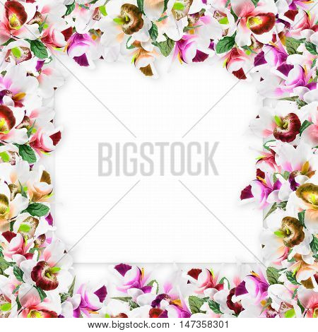 Vintage vertical card spring. Colorful blooming branches of lilacFlower orchid flower print in soft colors made from fabric.
