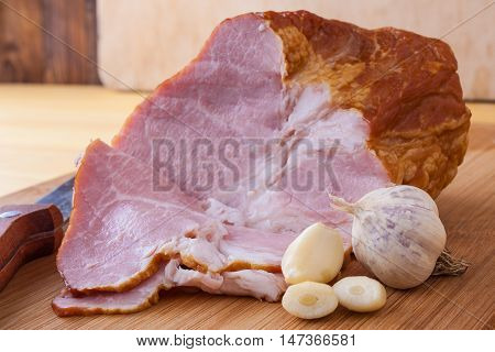 Boiled, Smoked Pork Meat, Pork Neck, Garlic And A Knife.