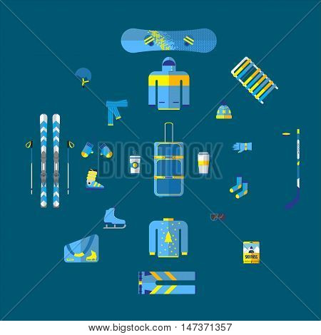 Vector illustration of winter sports. Winter sports equipment set. Extreme sport equipment set. Isolated flat elements. Flat design