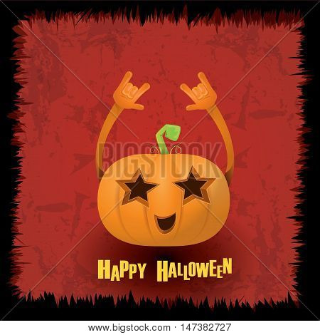 Happy halloween vector creative background. pumpkin rock n roll style halloween greeting card with text. Happy halloween rock concert poster design template or greeting card