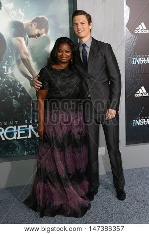 NEW YORK-MAR 16: Actors Octavia Spencer (L) and Ansel Elgort attend the U.S. premiere of 