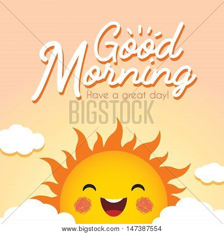 Good Morning. Morning vector illustration with cute smiling cartoon sun and clouds.