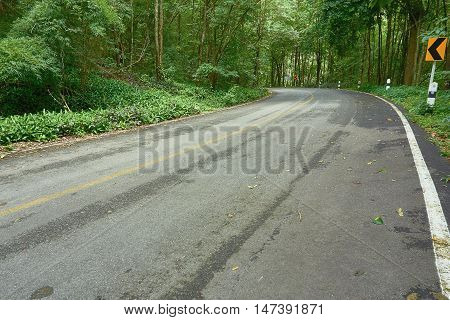 Asphalt road in the tropical rain forest, Chong Yen at Mea-Wong National Park,Thailand. Tropical rain-forest in asia