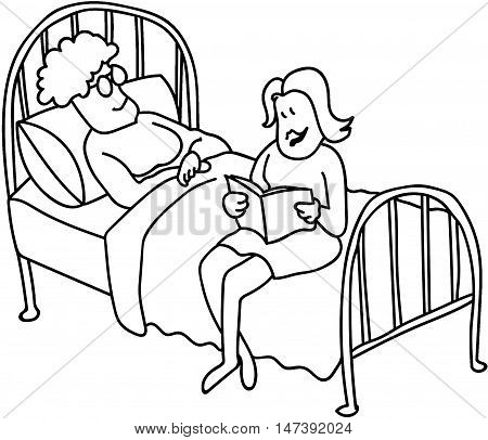 Young woman reading a bedtime story to Granny hospital patient
