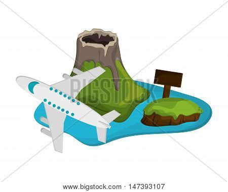 flat design volcanic tropical island and airplane  icon vector illustration