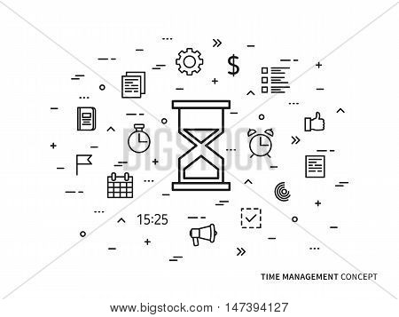 Linear time management clock alarm note vector illustration. Time organization timer watch thumb up planning technology creative concept. Time strategy goal target graphic design.