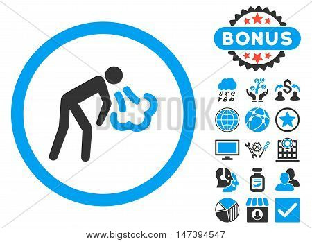Cough icon with bonus symbols. Glyph illustration style is flat iconic bicolor symbols, blue and gray colors, white background.