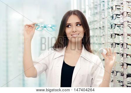 Happy Optician Choosing between Glasses and Contact Lenses