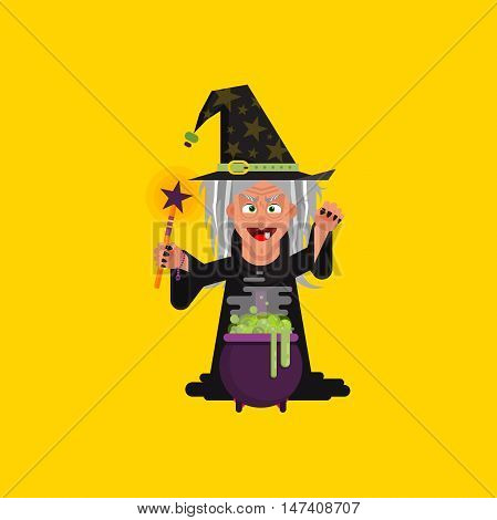 Stock vector illustration a witch conjures at a cauldron with brew, character for halloween in a flat style