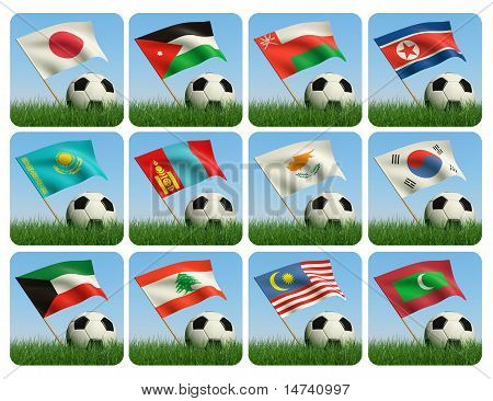 Drapeaux asiatiques et Ball sur l'herbe. 3D