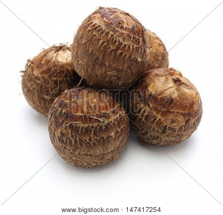 satoimo, small japanese taro potatoes on white background