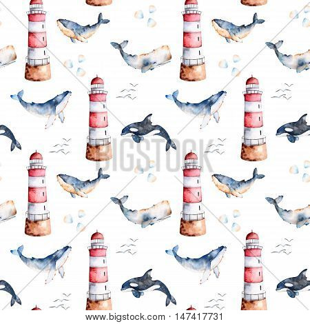 Seamless pattern with high quality handpainted watercolor whales,seashells and lighthouse in pastel colors.