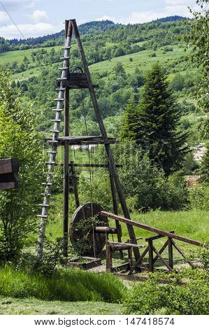 old fashioned wooden oil pump of 19th century at Schidnica L'viv region Ukraine