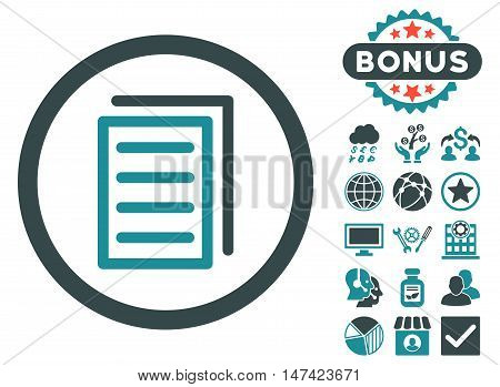Copy Document icon with bonus pictogram. Vector illustration style is flat iconic bicolor symbols, soft blue colors, white background.