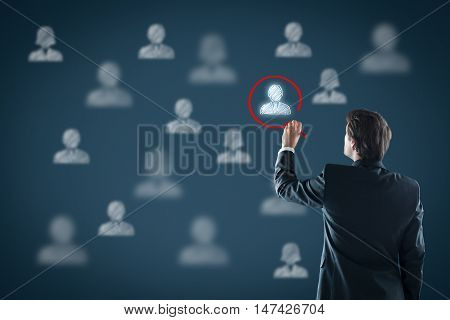 Recruit and hire human resources (HR) concept. Marketing segmentation, targeting, personalization, individual customer care (service), customer relationship management (CRM) and leader concepts.