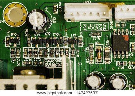 Close up of multi coloured electronic circuit board