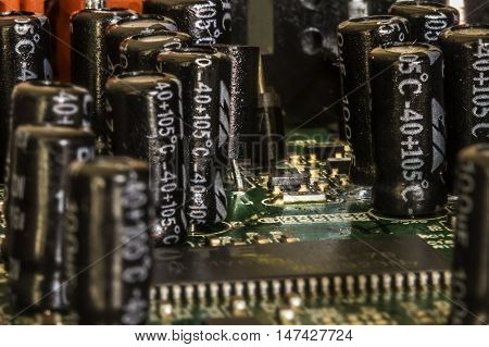 Close up of multi coloured electronic circuit board