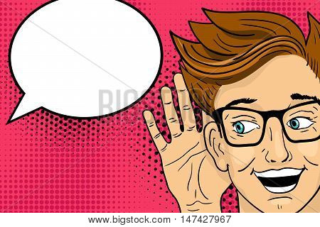 Young Surprised  Happy Man Listening With Open Mouth. Vector Illustration In Retro Pop Art Comic Sty