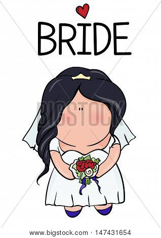 bridal shower. cute girl in wedding dress hending flowers. print on t-shirt. Bachelorette party. red heart. banner or sticker.