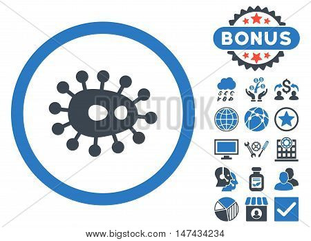 Bacilla icon with bonus symbols. Vector illustration style is flat iconic bicolor symbols, smooth blue colors, white background.
