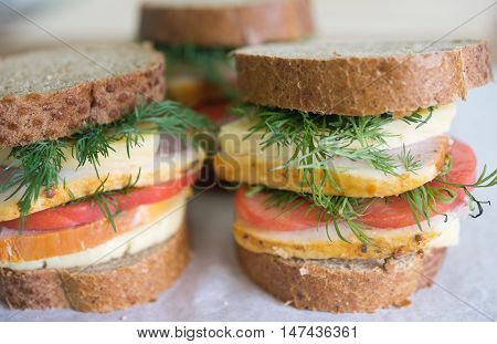 sandwiches with cheese carbonade tomato on a paper