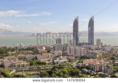 View of central Xiamen in China with skyskapers