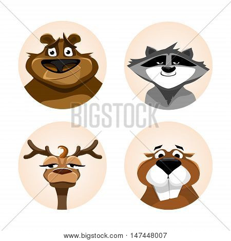 Avatars wild animals. Raccoon, bear, deer, beaver. Flat graphics. Vector