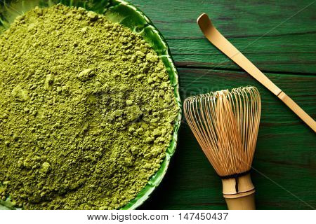 Matcha tea powder bamboo whisk chasen and spoon for japanese ceremony