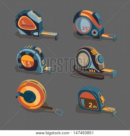 Measuring tape a set of different lengths and shapes on a gray background. Building measuring tool. Home Repair and creativity. Stock vector set.