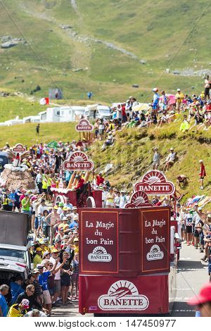 Col du Glandon France - July 23 2015: Banette caravan during the passing of the Publicity Caravan on Col du Glandon in Alps during the stage 18 of Le Tour de France 2015. Banette is the leading brand for the artisan bread in France.