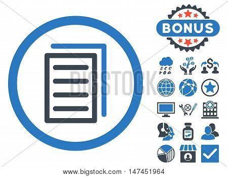 Copy Document icon with bonus symbols. Vector illustration style is flat iconic bicolor symbols, smooth blue colors, white background.