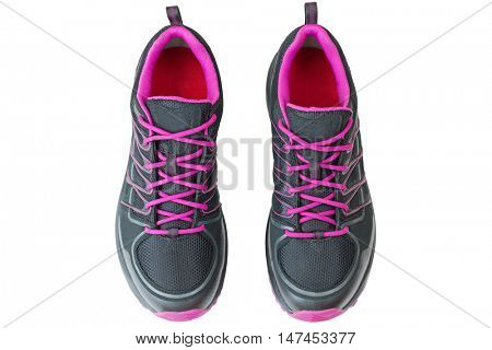 Top view of lightweight hiking boots shoes for women in black and pink, isolated on white background