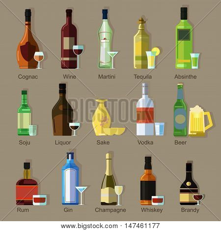 Set of alcohol drinks in bottles and glasses. Symbols of beverage and bar: wine, champagne, vodka and beer, whiskey and martini. Flat icons. Vector illustration isolated