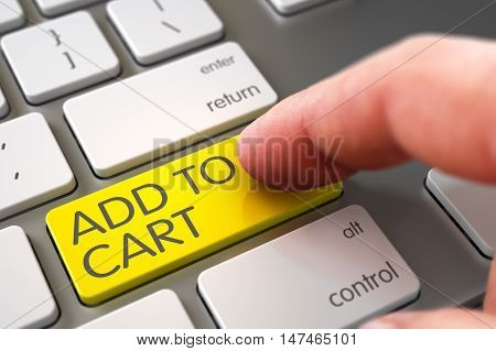 Business Concept - Male Finger Pointing Yellow Add To Cart Button on Slim Aluminum Keyboard. 3D.