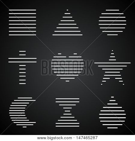 nine geometric figures and symbols on a black background