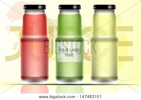 Vector set of transparent glass or plastic green, lime  and red liquid bottle with caps for juice mockup ready for your design