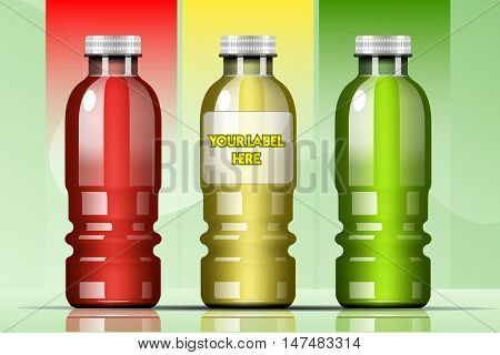 Vector set of transparent glass or plastic yellow, green and red liquid bottle with caps for juice mockup ready for your design