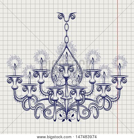 Antique gothic chandeliar sketch on notebook background vector illustration