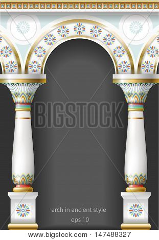 Fabulous ancient arch in the east or the ancient Russian style with gold, mosaic, white enamel. Vector graphics