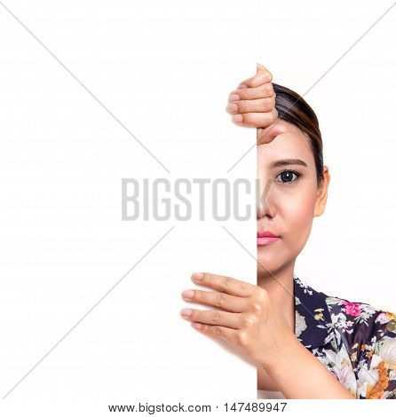 Asian woman holding a blank billboard. on white background