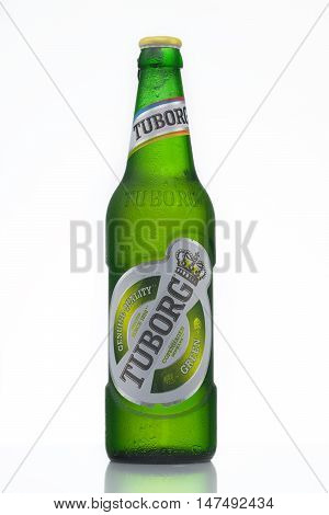 MINSK, BELARUS-AUGUST 23, 2016. Tuborg is a Danish brewing company founded in 1873 by Carl Frederik Tietgen. Since 1970 it has been part of the Carlsberg Group. The brewery was founded in Hellerup (Gentofte Municipality) a part of northern Copenhagen Denm