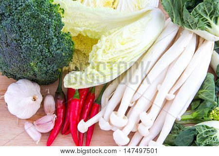 close up various vegetables on the butcher wood