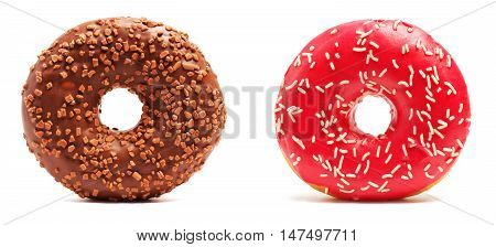 Brown Chocolate donut and pink donut with sprinkles on white background