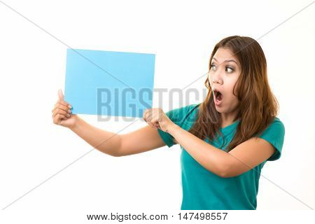 asian woman Holding a blank on white blackground