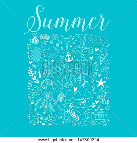 Summer icons, summer beach hand drawn vector symbols and objects, travel vacation doodle elements.