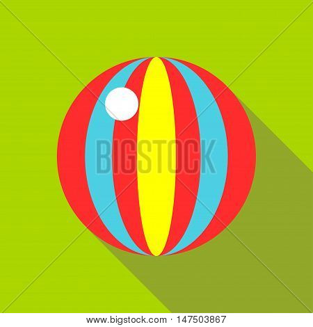 Children's toy ball with stripes on a bright green background. Picture style flat