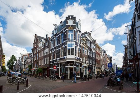 Amsterdam Netherlands - July 02 2016: View of the Stach food shop located on Nieuwe Spiegelstraat 52 sunny day