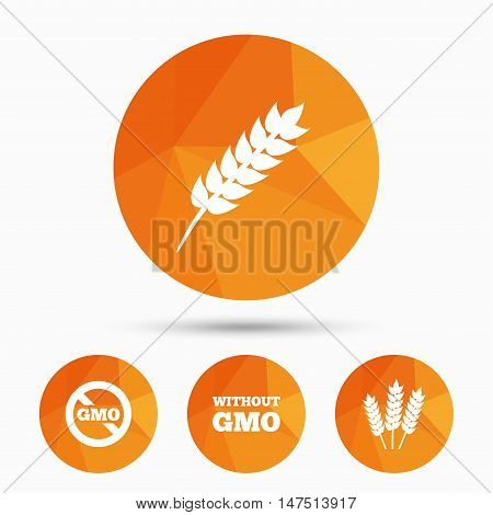 Agricultural icons. Gluten free or No gluten signs. Without Genetically modified food symbols. Triangular low poly buttons with shadow. Vector